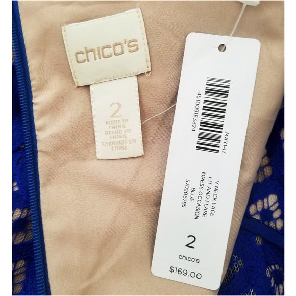 Chico's Womens Blue Lace Illusion Dress Sleeveless Pleated 2 NWT - Picture 8 of 10